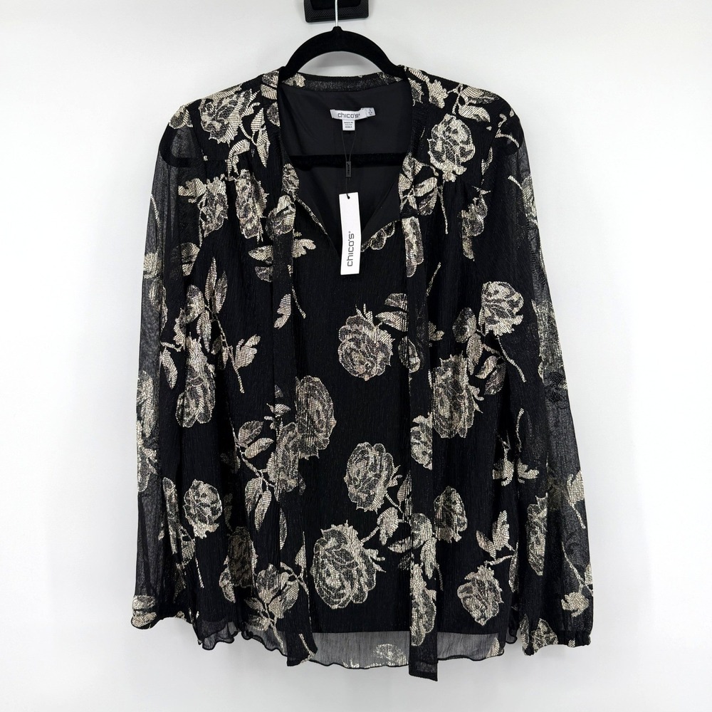 Chico's Knit Top Floral Metallic Bodre 3 XL Black Gold Womens Blouse Holiday SEO